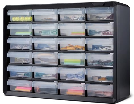 Amazon Basics Schubladenbox, 24-Fächer Kleinteilemagazin aus Kunststoff mit Trennwänden für Büro/Werkzeug/Basteln, Wandmontage, 16 x 54,1 x 40,1 cm, Schwarz