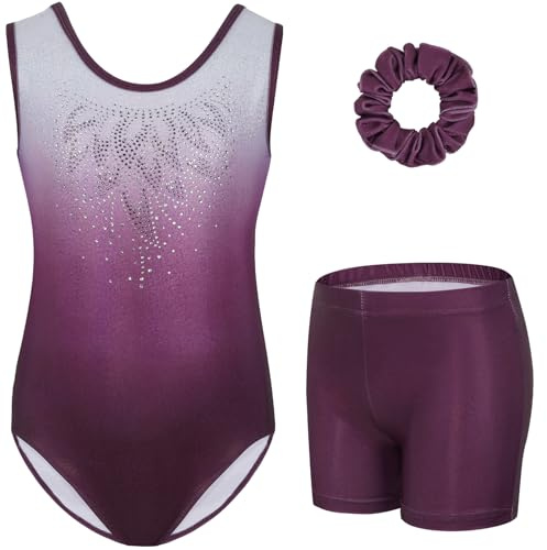 Gogokids Mädchen Drei Teiliges Gymnastikset, Ärmelloser Gymnastikanzug mit Shorts und Haarband, Ballett Tanzender Leotard Gymnastik Outfit mit Funkelnde für Mädchen, Ärmellose Trikots für 8-9 Jahre