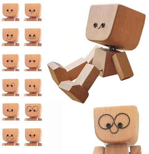 Wackelfigur Auto Holzfiguren, Auto Zubehör Innenraum, Handgefertigter Holzfigur mit Schüttelnden Beine, Lustig Wackelfigur Auto Holz mit 12 Austauschbare Ausdrücken für Armaturenbrett Dekoration (A)