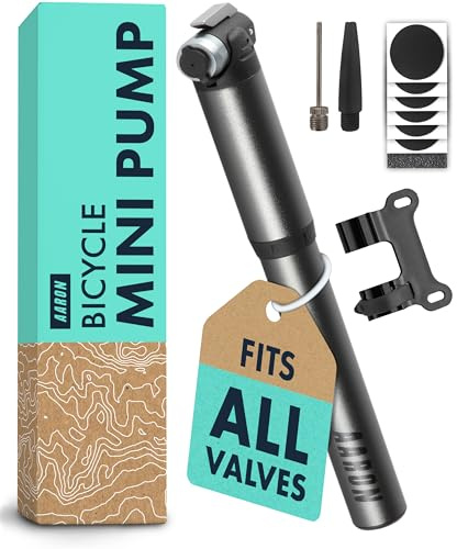 AARON Pocket One Mini Fahrradpumpe für alle Ventile - kompakte Luftpumpe passend für jeden Rahmen - Handpumpe für unterwegs mit gratis Pannenset - Rad Pumpe in schwarz/grau