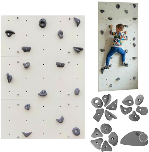 Create for you - Kletterwand für Kinderzimmer - Viereckig - Weiß - Indoor - Heimklettergerüst - Spielplatz - Trainingsgeräte für Zuhause - 3X Wandpaneel 150x100 cm - mit 15 grauen Griffen/Steinen