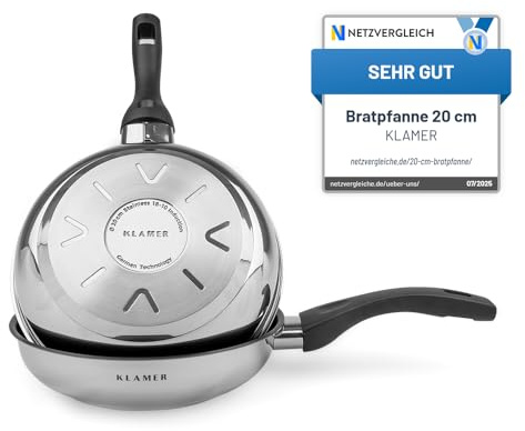 KLAMER Bratpfanne 20cm Induktion – Profi Edelstahlpfanne mit Greblon® C3+ Antihaftbeschichtung, PFOA-frei & backofenfest, für fettarmes Braten ohne Anhaften
