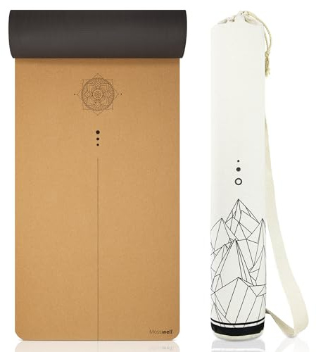 Mosswell Premium Kork-Yogamatte (4mm dick) - Rutschfeste Fitnessmatte mit Hilfslinien - Pilatesmatte + Yogatasche