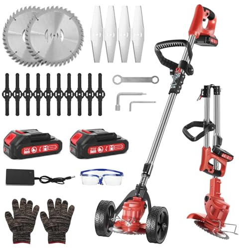Akku Rasentrimmer 21V mit 2 x 2000mAh Akku, Teleskopstiel & 3 Klingen – Faltbare Motorsense mit 90° drehbarem Schneidkopf & Rädern – Leistungsstark für Garten, Rasen & Hofpflege