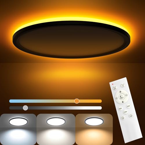 AmazeFan LED Deckenleuchte Dimmbar - 24W 2400LM Deckenlampe mit Fernbedienung - 6W Nachtlicht Warm - LED Deckenleuchte Flach für Schlafzimmer Kinderzimmer Wohnzimmer-Rund (24W-29CM-Schwarz)