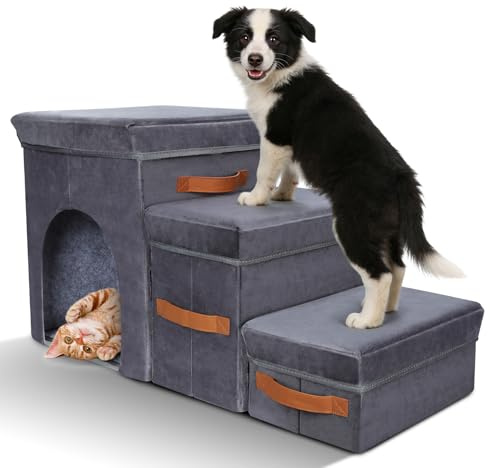 Zvonema Hundetreppe 3 Stufen, breiteren Haustiertreppe mit Stauraum, Faltbare Hundetreppe für Kleine Hunde bis 40kg, rutschfeste Hunderampe für Sofa, Bett, Auto, ältere Hunde & Katzen-78x34x45cm