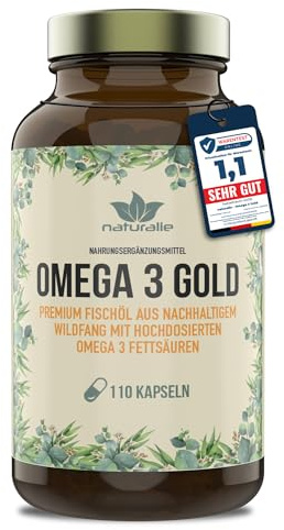 naturalie® - Omega 3 Gold | premium Fischöl mit 80% Omega 3 Fettsäuren | sehr geringer TOTOX-Wert | nachhaltiger Fang | schadstoffgeprüft | 110 Kapseln im Braunglas