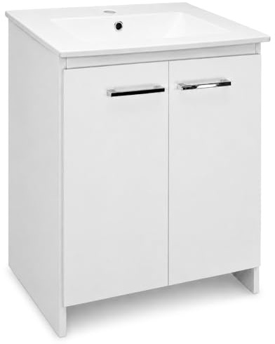 Badmöbel-Set Ronda 60 cm mit Keramikwaschbecken, 2 Türen, Weiß, stehend | Stehendes Badmöbel-Set RONDA mit Keramikwaschbecken, 2 Türen und Stauraum. 60 cm breit, in Weiß – ideal fürs Badezimmer.