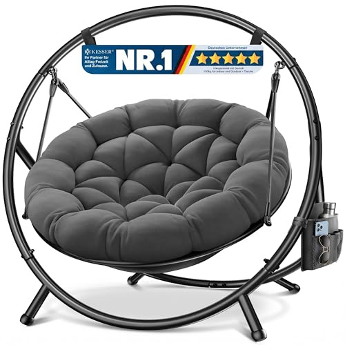 KESSER® Hängesessel mit Gestell Bali Hängeschaukel Hängestuhl bis 150kg für Indoor und Outdoor + Kissen & Seitentasche Hängekorb Stahlgestell & Schaumstoff Sitzpolster