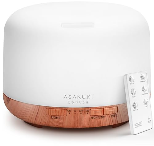 ASAKUKI Aroma Diffuser 500ML, Ultraschall Aromatherapie Diffusor für Ätherische Öle, Luftbefeuchter mit Fernbedienung, Abschaltautomatik, und 7 Arten LED Lichtfarben, Geschenk