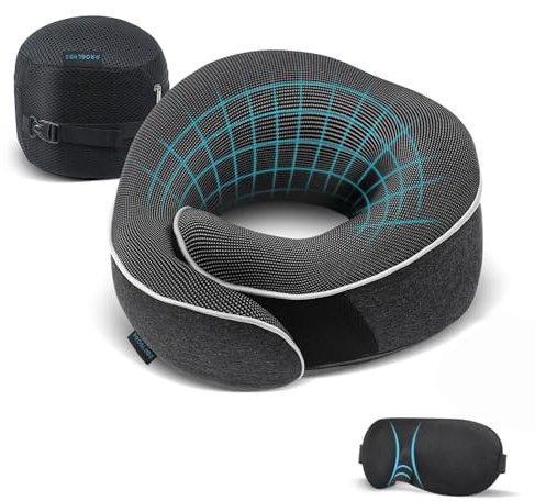 Proglobe Nackenkissen Flugzeug, Reisekissen 100% Memory Foam, Orthopädisches Nackenhörnchen, Für Reisen mit Flugzeug, Auto, Zug, Mit 3D-Schlafmaske, Hochwertige Netztasche (Dunkelgrau)