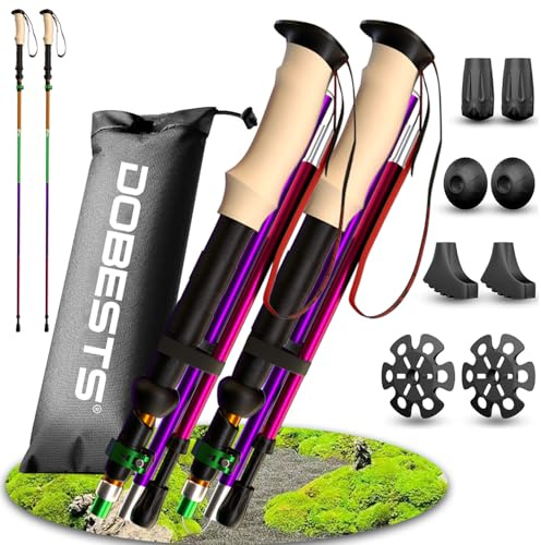 DOBESTS Wanderstöcke, Nordic Walking Stöcke Aluminium, mit extra Gummipuffer und Tragebeutel, Faltbare Leichte Trekkingstöcke für Damen und Herren, Wanderstock Verstellbar 110cm-130cm (Bunt-Korkgriff)
