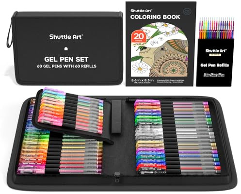 Shuttle Art 120 Stück Gelstifte,60 Stifte mit 60 Ersatzminen in Tragetasche | Gelschreiber mit Malbuch für Erwachsene, Glitzer, Neon, Pastell, Metallic, Glitzerstifte für Mädchen Kinder