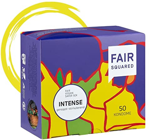 FAIR SQUARED 50 Stück Kondome Intense - Stark Genoppt - Vegan - Naturkautschuk Nachhaltig & Fair - LGBTQ - Mit Noppen für Mehr Extase