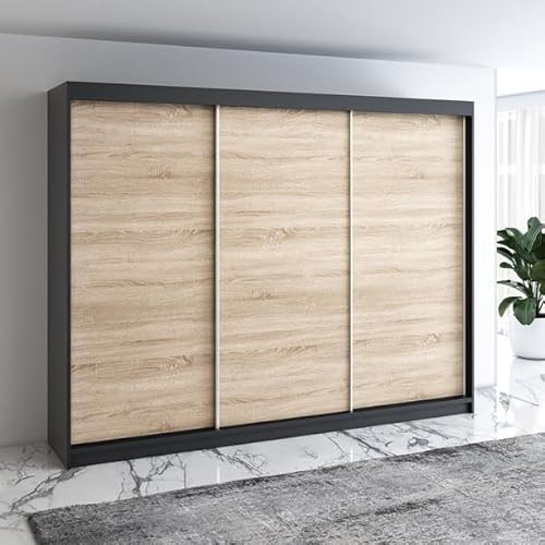 A&J MöbelLand Mero Schwebetürenschrank 200 cm, Kleiderschrank 3-türig mit 4 Schubladen (Schwarz/Sonoma)