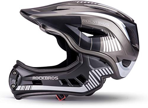 ROCKBROS Kinderhelm Integriert Fahrradhelm Kinder Jugend Fullface Helm mit Abnehmbarem Kinnschutz BMX MTB Downhill Helm M 55-58cm Titan