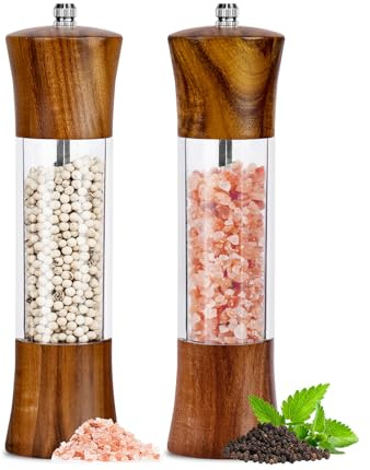 Salz und Pfeffermühle Holz 2er Set, Manuelle Mühlen Salzmühlen solide mit starken verstellbaren Keramikmühlen, Acryl Transparent