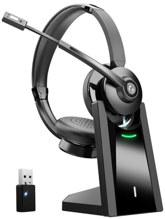 Earbay Bluetooth Headset mit Mikrofon, Kabelloses Headset mit Ladestation & USB Dongle, Kabellose mit Mikrofon Rauschunterdrückung & Stummschaltung für Computer/Meeting/Zoom/Büro/HomeOffice