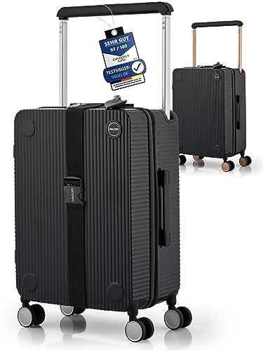 EXPLOORE Handgepäck Koffer Trolley 35x22x55 cm, Langlebiger Reisekoffer mit Rollen, Robuster Hartschale aus Polycarbonat, TSA-Schloss, Schwarz/Silber
