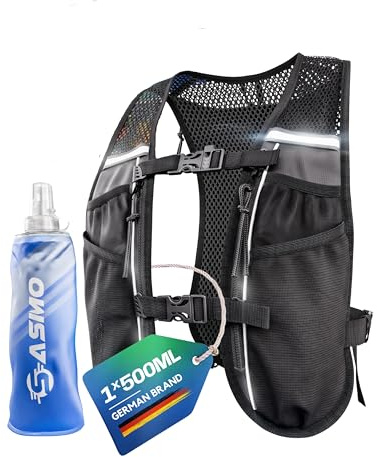 SASMO Laufweste Damen & Herren mit Trinkflasche, 270g Ultraleicht | Trinkweste Laufen, Laufrucksack, Trinkrucksack, 8 Taschen, 2L Trinkblase kompatibel, Atmungsaktiv, Joggen Wandern Trail