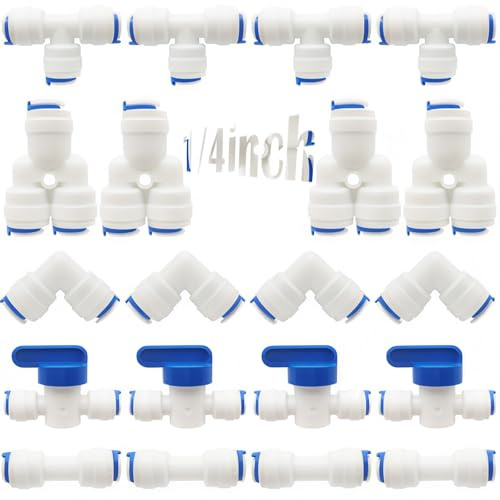CESFONJER Wasserzulaufleitung Universal Anschluss-Set, RO Wasserfilter Fitting, 1/4 (6mm) Pushfit gerade Stecker für Wasserrohr, drücken, Pack von 20 (Y + T + I + L Typ Combo + Absperrventil)