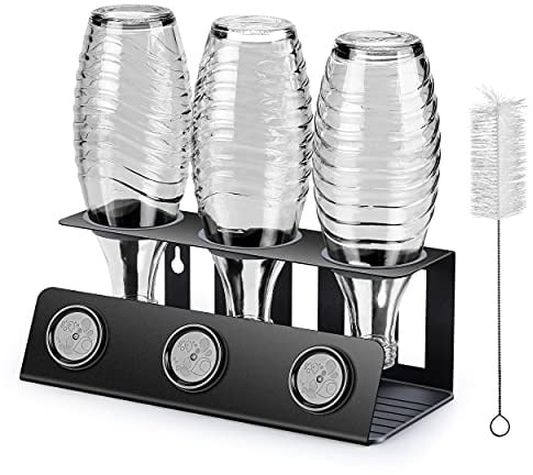 vinlley Flaschenhalter für Sodastream 3er Abtropfhalter mit Herausnehmbare Abtropfwanne und Deckelhalter, Abtropfständer für Sodastream, Crystal und Emil Flaschen, Schwarz.
