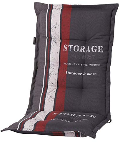 Madison 8 cm Luxus Hochlehner Auflage G 148 Storage Red, Grau mit Rotem Streifen und Schrift, 120 x 50 x 8 cm, Baumwollmischgewebe, Schaum-/Vliesfüllung
