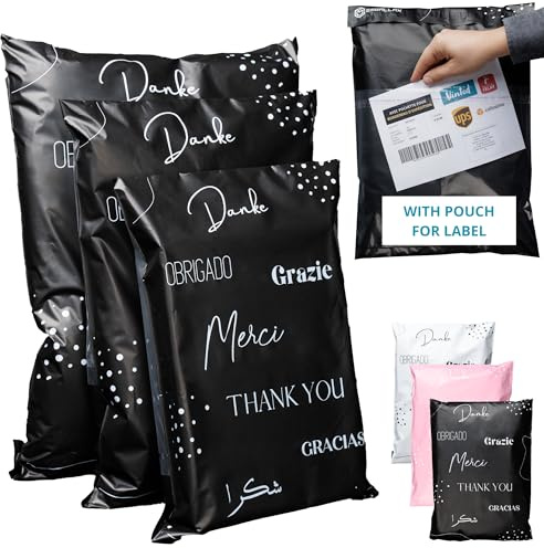 EMBALLAX - 60 Versandtaschen MIT TASCHE FÜR VERSANDETIKETT - 3 Größen M/L/XL - WIDERSTANDSFÄHIG/WASSERDICHT - Versandtüten für Kleidung - Warensendung Umschlag für Kartons - Versandbeutel - Danke
