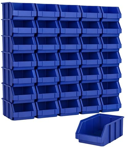 RODOPI 36er Set Stapelboxen, Größe S | Sichtlagerkästen 161x105x75mm | Robuste Lagerboxen für Werkstatt, Garage, Keller | Aufbewahrungsboxen für Kleinteile Blau