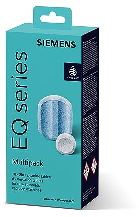 Siemens Multipack TZ80003A, 10 Reinigungstabletten, 6 Entkalkungstabletten, passend für Kaffeevollautomaten der EQ Reihe, sowie Einbauvollautomaten