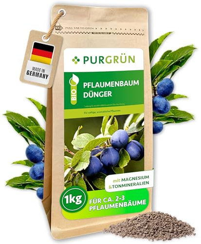 Purgrün® Bio-Pflaumenbaum-Dünger 1 kg – Organisch-mineralische Rezeptur – Feinkörniges Krümelgranulat – NPK 6+3+8 – Mit Magnesium für saftige, aromatische Pflaumen – Verbessert die Bodenqualität