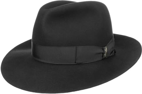 Borsalino Breitrand Bogarthut für Damen Herren Bogart mit Futter, Ripsband Sommer Winter (59 cm - schwarz)