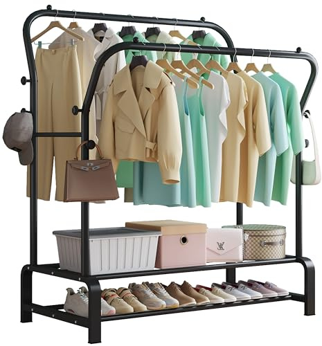 SMILOVII Kleiderständer, Freistehender Doppelruten Kleiderbügel für schlafzimmer Kleiderständer, Multifunktional Garderobenständer, Stabil Kleiderstange mit 8 Haken und 2 Schuhregal metall, schwarz