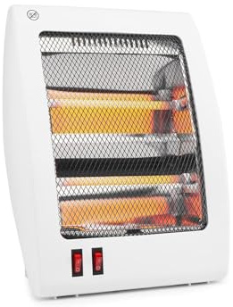 Weißer Ofen mit 2 Quarzstäben, Kippschutzsystem und Leistungsstufen von 400-800 W. Ideal zum effizienten und sicheren Beheizen von Räumen.
