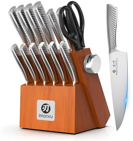 imarku Messerset, Ultra-scharf Küchenmesser Set mit Schleifer(Orange) | Messerblockset, Edelstahl Messer Set, Scharfes Kochmesser mit Rutschfestem Griff für Präzises Schneiden