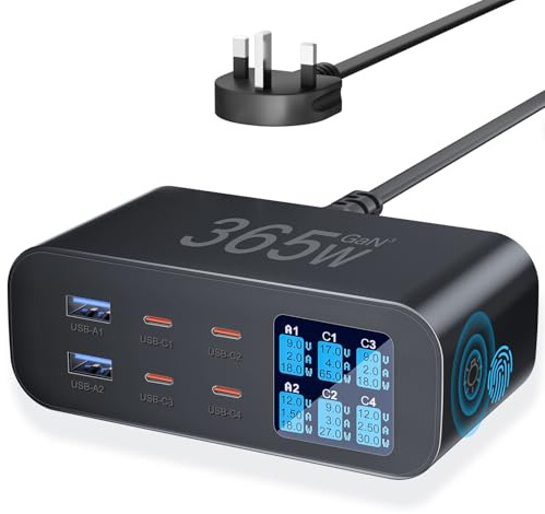 365W USB C Ladegerät Mehrfach mit LED Anzeige, YSYFAD 6-Port GAN USB Ladestation PD USBC Netzteil QC USBA Schnellladeleistung Ladegerät Typ-C 100W Charger für MacBook Laptops i Phone Pad, Schwarz