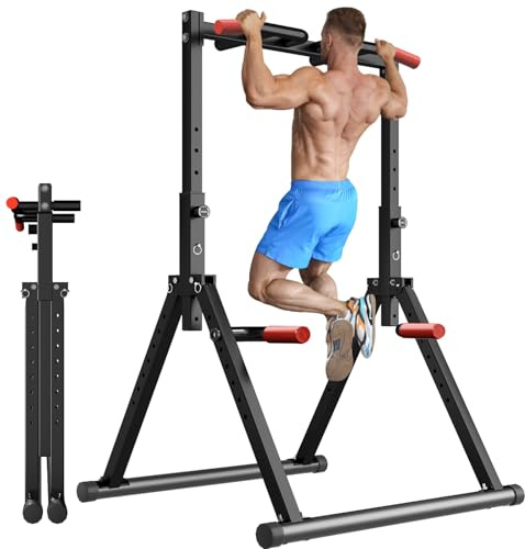 WATBKHE Klimmzugstange Freistehend Power Tower Dip Station Faltbar, Pull Up Bar Verstellbar, Multifunktions Home Gym Trainingsgerät, Krafttraining Fitnessgeräte (Schwarz-Multifunktional)
