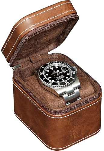 ROTHWELL Reiseetui für Einzeluhren, kompakte Schutzhülle aus PU-Leder mit Mikrovelours-Innenseite, passend für Uhren und Smartwatches bis 55 mm (hellbraun/braun)
