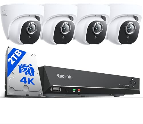 Reolink 4K PoE Überwachungskamera Aussen Set, 24/7 Aufnahme, 8CH 2TB NVR | 4X 8MP PoE IP Kamera Videoüberwachung mit Smarter Personenerkennung und Fahrzeugerkennung, 30M Nachtsicht, RLK8-800D4