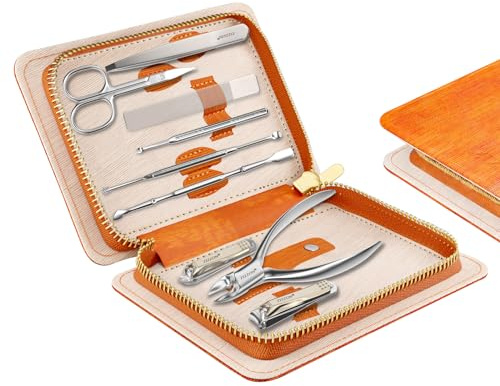 ZIZZON Maniküre-Set, professionelles Zehennagel- und Fingernagelknipser-Set aus Edelstahl, 9-in-1-Pediküre- und Pflegeset mit PU-Lederetuia (Orange)