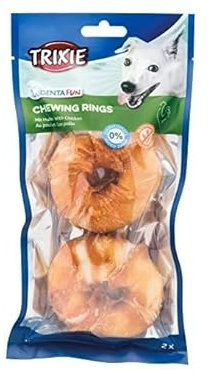 TRIXIE Hundeleckerli Denta Fun Chicken Chewing Rings Hundesnack - Snack zur Unterstützung der Zahnpflege, herzhaftes Leckerli mit Fleisch 110 g 2 St. ø 6 cm - 31332