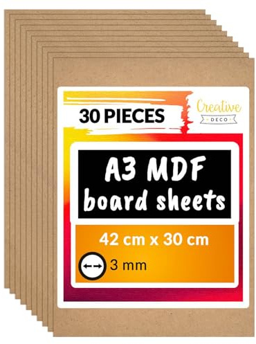 Creative Deco 30 x A3 MDF Platten | 420 x 300 x 3 mm | Dünne Holz-platten | Perfekt für Laser, CNC Router, Modellierung, Durchbrochenes, Laubsäge