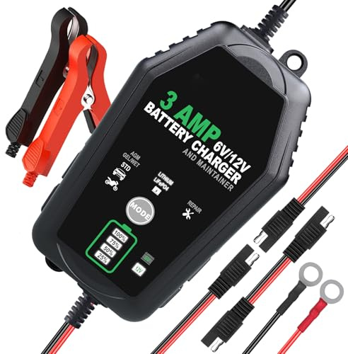 HTRC 3A Intelligentes Autobatterie Ladegerät 6V 12V, Automatisches Erhaltungsladegerät für Motorrad, Boot, Rasenmäher – Kompatibel mit Blei-Säure(AGM/Gel/EFB) & LiFePO4 Lithium Batterien