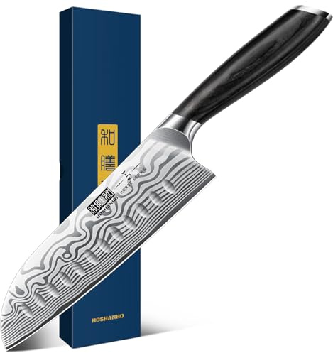 HOSHANHO 18 cm Santokumesser, Scharfes Japanisches Kochmesser Küchenmesser | Ultrascharfes Professionelles Santokumesser aus Pulverisiertem Kohlenstoffstahl mit Ergonomischem Griff