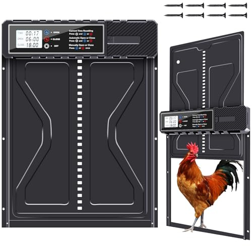 PlayDen Automatische Hühnerklappe, Aluminum Elektrische Hühnerklappe Batterie mit Wasserdicht Großes Display, Timer, Manuelle, Automatisch Hühnertür, Intelligenter Einklemmschutz
