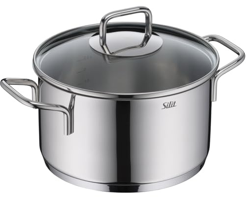 Silit Extra Cook, Kochtopf 20 cm mit Glasdeckel, Innenskalierung, breiter Schüttrand, hochwertiger spülmaschinenfester Crominox-Edelstahl, Bratentopf groß, optimale Wärmeverteilung, Induktion