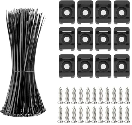 CLKE 100-Set Kabelbinder zum Schrauben, Kabelbinder Befestigung Schwarz | Kabelbinder Set Schraubbar, mit 100 Kabelbinder Halter, 100 Schrauben und 100 Kabelbinder, für die Befestigung von Kabeln