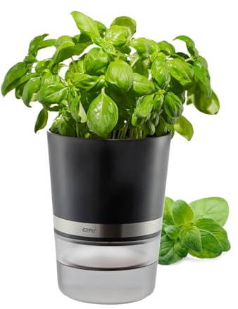 GEFU Botanico Kräutertopf mit Selbstbewässerung & 500ml Reservoir | Edelstahl Blumentopf für Kräuter bis Ø13cm, mit Wasserstandsanzeige und Nylondocht für 7 Tage Bewässerung
