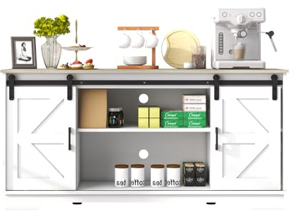 Panana Sideboard, Küchenschrank mit 2 Schiebetüren und Verstellbarem Regal, Aufbewahrungsschrank für Küche, Wohnzimmer, Esszimmer, 150 x 40 x 71 cm (Weiß+Holz), FRSB56