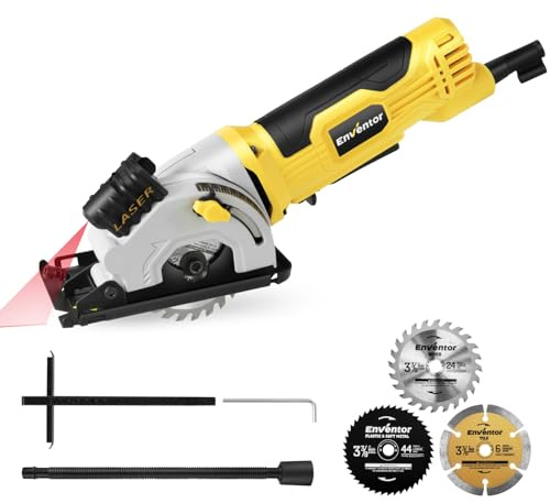 Enventor Mini Kreissäge 580W, Mini Handkreissäge mit Skalenlineal & Laserführung, 4000RPM, Einhändiges Halten, 3 Sägeblätter, für Holz, Fliesen, Kunststoff und dünne Metalle